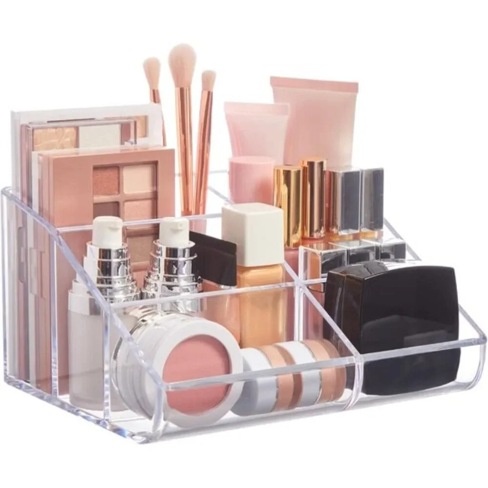 Clear Plastic Makeup Organizer, 6-Compartment Vanity Holder with Curved Front
